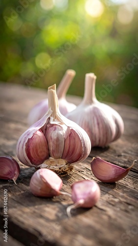 Close-up of whole garlic bulbs and cloves resting on rustic wooden surface, sunlit background