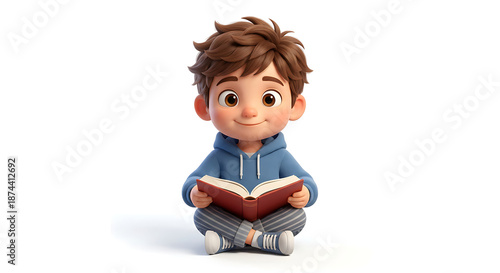 3D Cartoon Child Reading Book Isolated on White Background