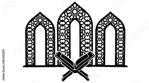 Black silhouette of open holy book below decorative islamic style arch windows
