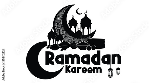 Ramadan kareem black silhouette text with crescent moon and lanterns illustration