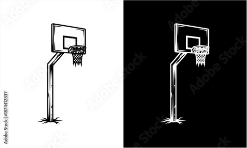 Hand-drawn basketball hoop illustration in black and white sketch style.