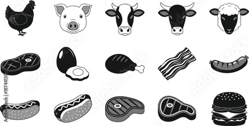 Animal and meat icon collection featuring chicken, cow, pig, steak, egg, bacon, sausage, and food symbols for farming, cooking, and dietary design..