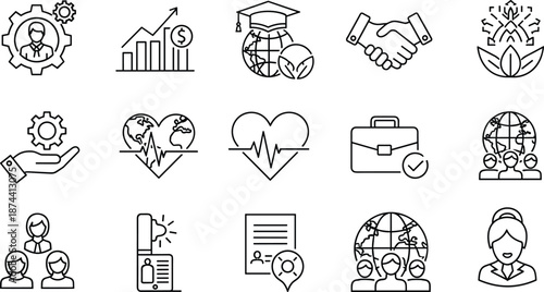 Business, health, and education icon collection featuring global teamwork, analytics, support, sustainability, and verified services for UI, corporate, and nonprofit design.