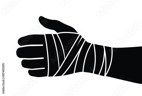 Hand wrist wrapped with athletic bandage tape in black silhouette illustration