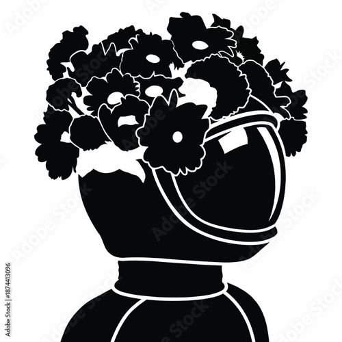 Astronaut in space helmet with flowers growing, space theme with nature inspiration minimal concept.