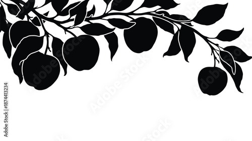 Branch silhouette with ripe apples and dark leaves forming decorative border element