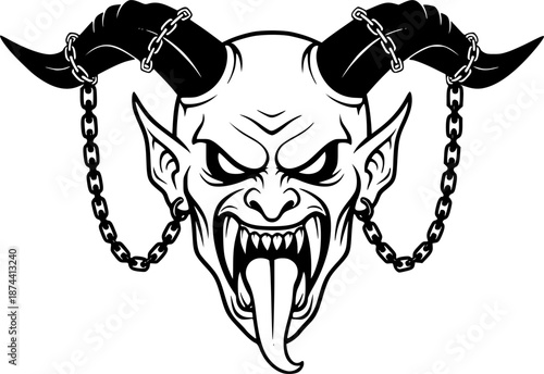 Krampus Head Vector Illustration with Chains and Fangs