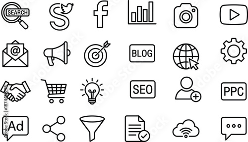 Digital marketing and web icon collection featuring SEO, social media, email, ads, analytics, content, and communication tools for online strategy design.