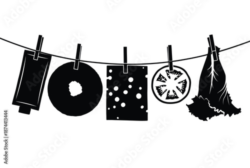 Black and white flat sandwich ingredients hanging on clothesline silhouette vector design