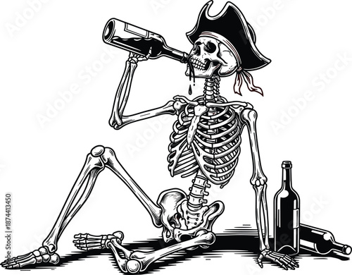 Pirate skeleton character drinking, humorous undead pose, bottle scene, Halloween theme, vector sketch, cartoon style, flat cad drawing illustration