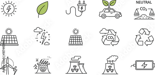 Energy and sustainability icon collection featuring solar, wind, electric, carbon neutral, and eco-friendly symbols for environmental and climate vector design.