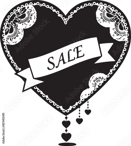 Decorative heartshaped sale sign with lace details and hanging hearts isolated