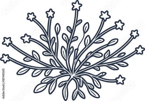 Decorative floral arrangement with star shaped flowers and leafy stems line art design