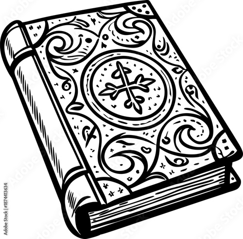 Antique ornate hardcover book with a vintage floral and cross design on the cover