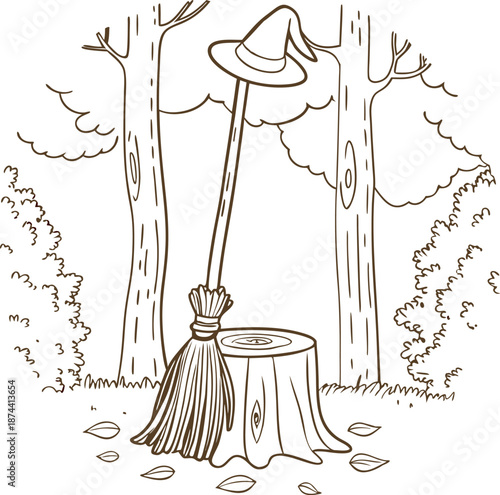 Broomstick and witch hat leaning on tree stump in forest with trees and bushes background