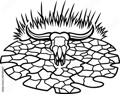 Cow skull lying on dry cracked earth with dead grass, drought and desert landscape outline