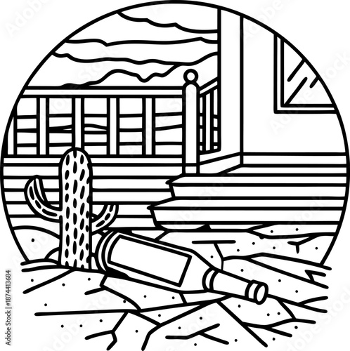 Desert landscape with cactus and empty bottle near wooden porch on cracked dry ground