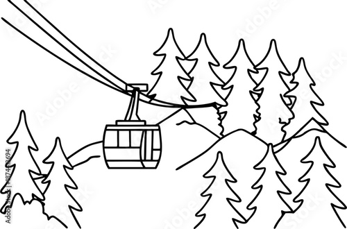 Cable car moving over mountainous forest landscape with pine trees and rocky hills