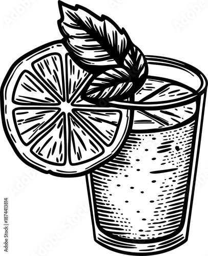 Citrus juice glass with lemon slice and fresh mint leaves illustration