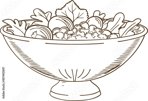 Fresh vegetable salad bowl with leafy greens and tomatoes hand drawn illustration outline
