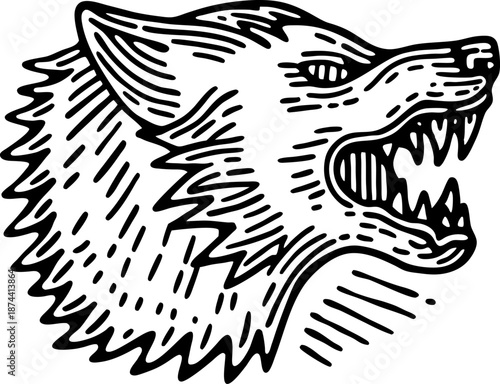 Fierce wolf head snarling with sharp teeth and intense gaze, wild animal illustration