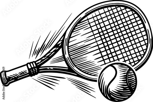 Tennis racket hitting tennis ball, sports equipment and game concept illustration