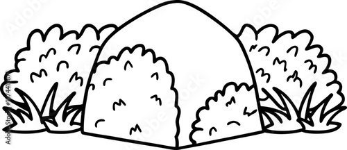 Bush and hedge outline illustration with grass around a central hedge