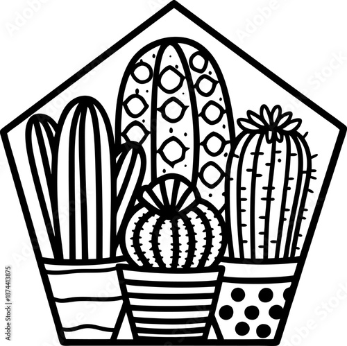 Illustration of various potted cacti and succulents in a geometric terrarium outline