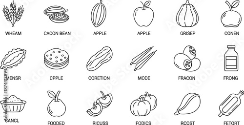 Food icon collection featuring wheat, fruit, candy, meat, drink, and vegetables—ideal for nutrition, grocery, culinary, and educational