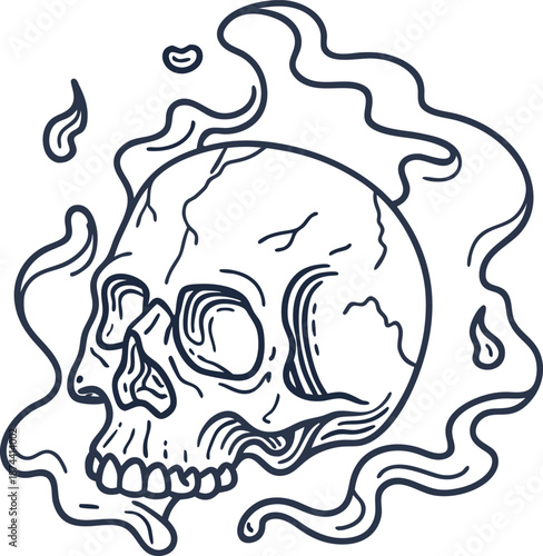 skull with flames illustration, cracked human skull surrounded by stylized fire lines