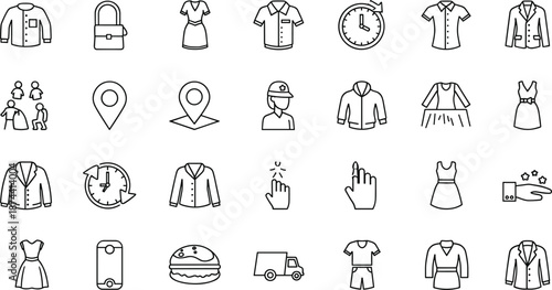 Icon collection featuring clothing, location, time, interaction, and delivery symbols—ideal for fashion apps, UI design, logistics, and retail