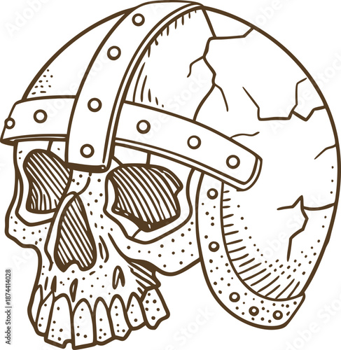 Viking skull illustration with cracked helmet, medieval warrior symbol, ancient nordic warrior design