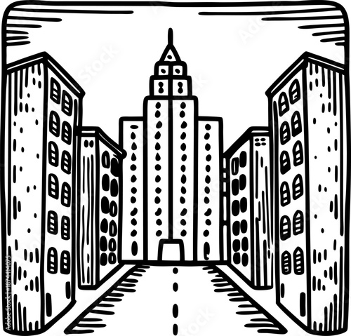 City street perspective with tall buildings and skyscraper in black and white sketch