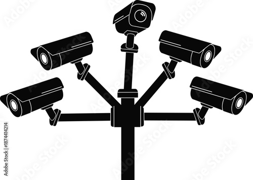 Surveillance cameras vector illustration, radial arrangement on pole, black silhouette, security system concept, privacy monitoring, infrastructure design, modern technology element
