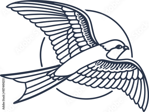 swallow bird flying with extended wings against a circular outline background