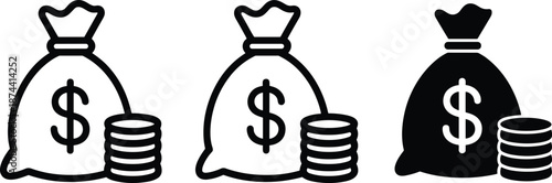 Three black and white money bags with dollar signs and coin stacks