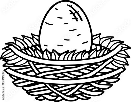 Bird egg in woven nest line drawing simple nature illustration of egg resting on twigs and grass