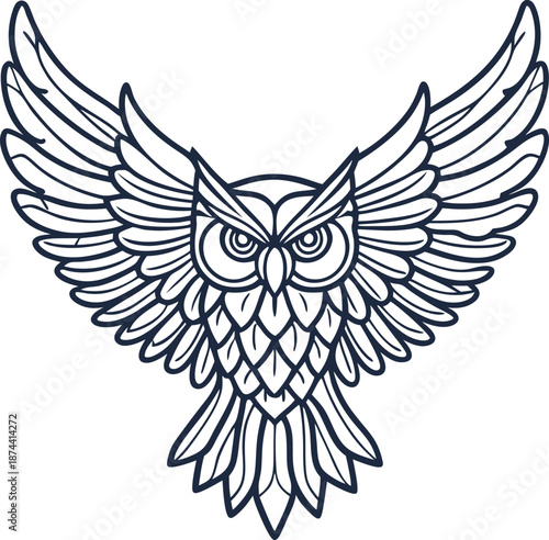 owl with outstretched wings stylized bird, intricate line art, flying concept,