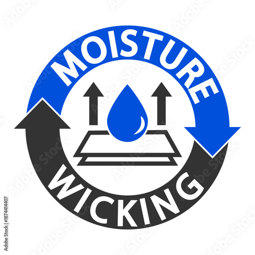 Moisture wicking. Blue and black information label sign with symbol and circle text.