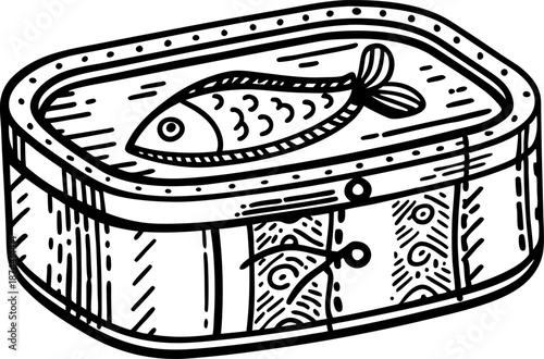 Open rectangular tin can containing one whole fish inside with decorative pattern on the container