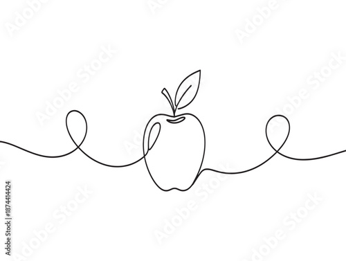 A simple line drawing of an apple with a leaf and a wavy line