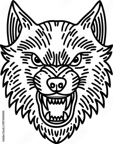 Angry wolf head snarling with bared teeth and fierce eyes black and white drawing