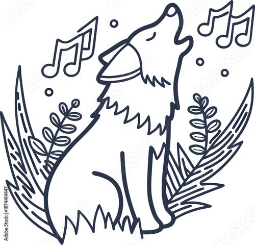 Howling wolf with musical notes surrounded by leaves and nature elements illustration