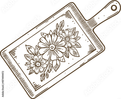 Decorative wooden cutting board with carved floral design, kitchen utensil, rustic