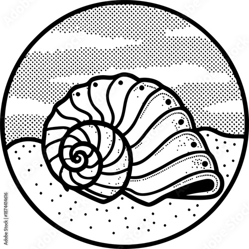 Seashell on sandy beach with ocean waves and cloudy sky in circular design