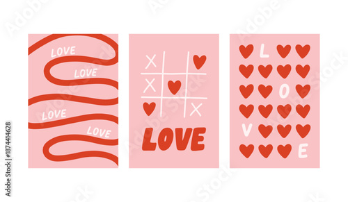 Vector set of romantic cards with decorative hearts and handwritten love quotes. Cute Valentine designs in soft pink and red, perfect for greeting cards, prints, and gifts.