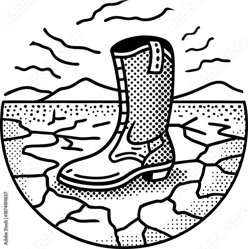 Boot standing on cracked dry earth symbolizing drought and environmental stress with sun rays