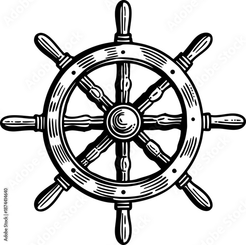 vintage ship wheel illustration with eight handles for nautical navigation and maritime steering