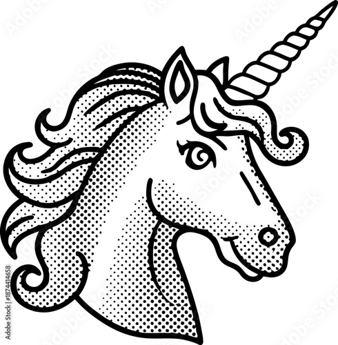 unicorn head with flowing mane and spiraled horn, fantasy creature illustration