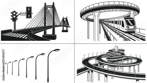 Urban infrastructure silhouette set, bridge, metro, highway, streetlight, traffic signal, city elements, vector sketch, flat cad drawing illustration